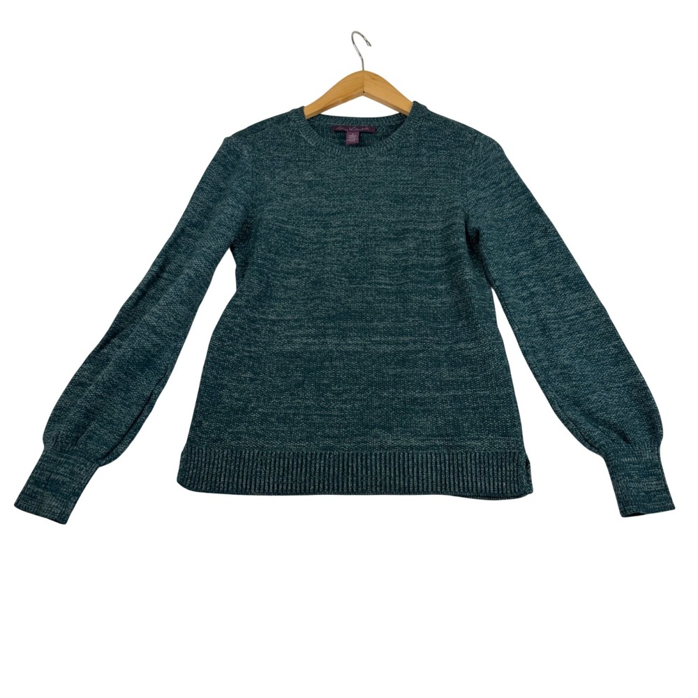 Gloria Vanderbilt Womens Teal Green Marled Knit Puff Sleeve Crewneck Sweater S